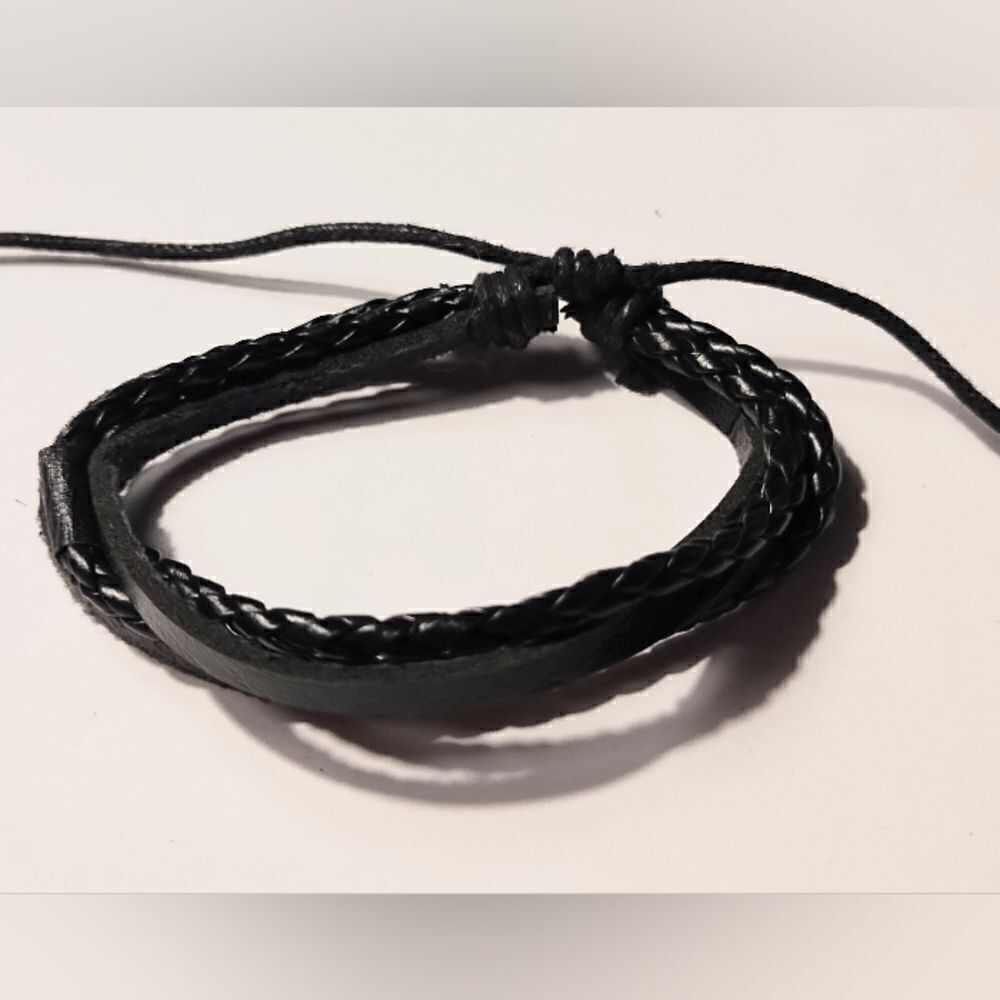 Men's bracelet‎ leather braided layered black new d42